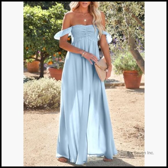 Polyester Smocked Off Shoulder Maxi Dress with Ruffle Sleeves and Side Slit - Picture 3 of 7